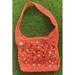 Cappelli women's coral/orange straw knit purse with beads on front STBAG009-ASST